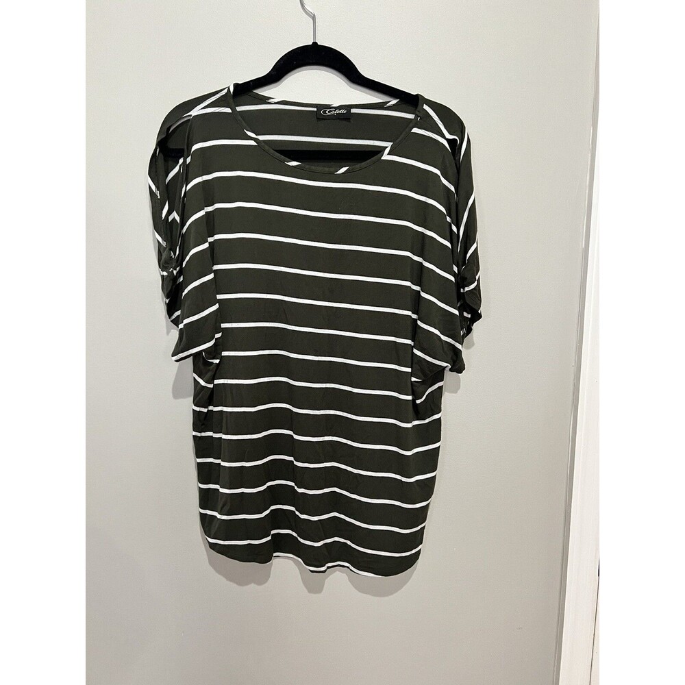 Stitch Fix Short Sleeve Cold Shoulder Green with White Striped T-Shirt - Large